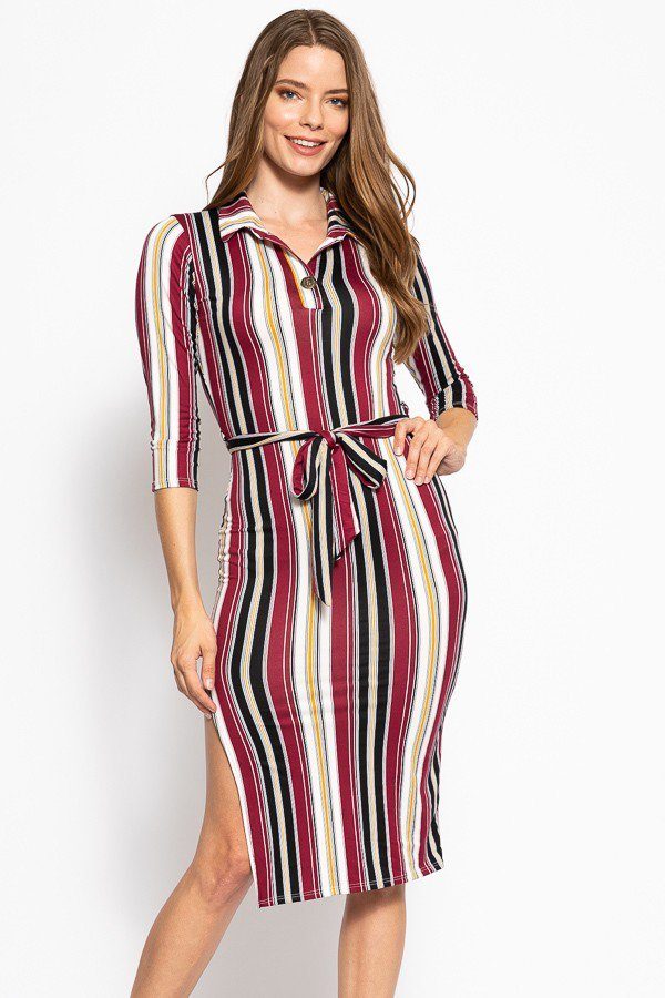 Striped Midi Dress With 3/4 Sleeves