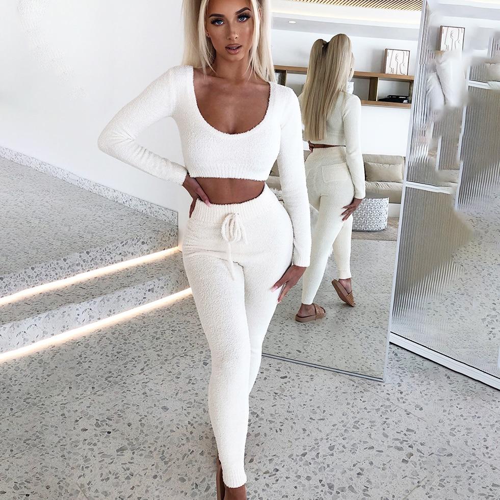 Omen Knit Fuzzy Pants Set Long Sleeve Crop Top Sexy Trousers Knitted