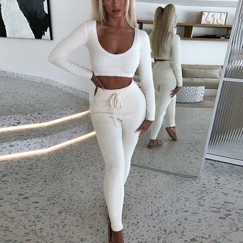 Omen Knit Fuzzy Pants Set Long Sleeve Crop Top Sexy Trousers Knitted