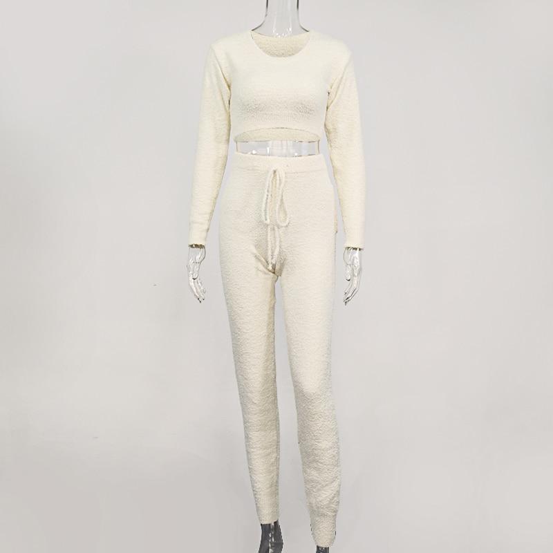 Omen Knit Fuzzy Pants Set Long Sleeve Crop Top Sexy Trousers Knitted