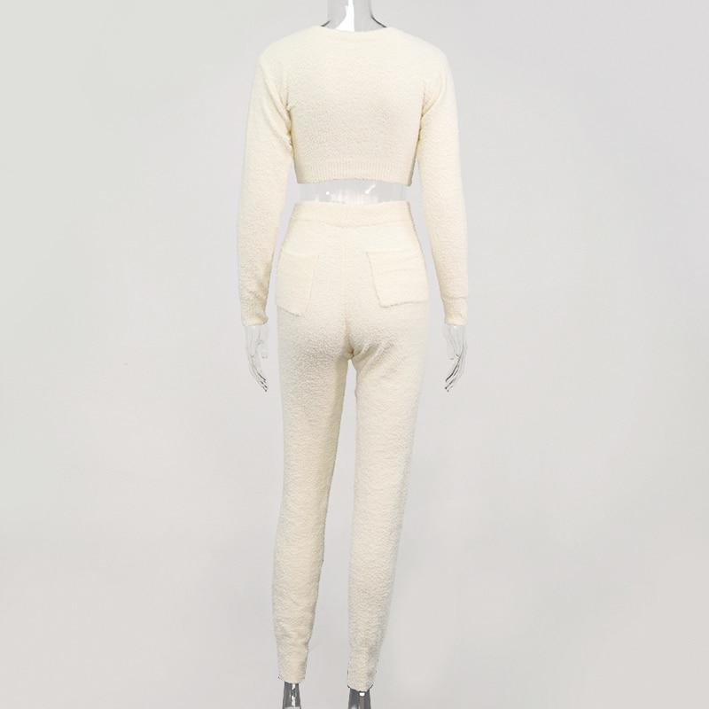 Omen Knit Fuzzy Pants Set Long Sleeve Crop Top Sexy Trousers Knitted