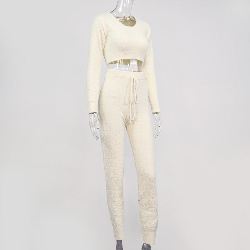 Omen Knit Fuzzy Pants Set Long Sleeve Crop Top Sexy Trousers Knitted