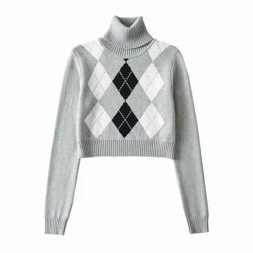 High Neck Printed Geometric Sweater Crop Pullover