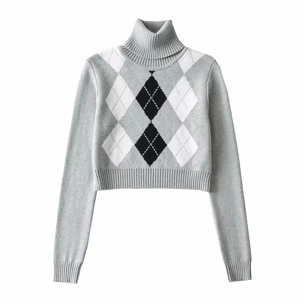 High Neck Printed Geometric Sweater Crop Pullover