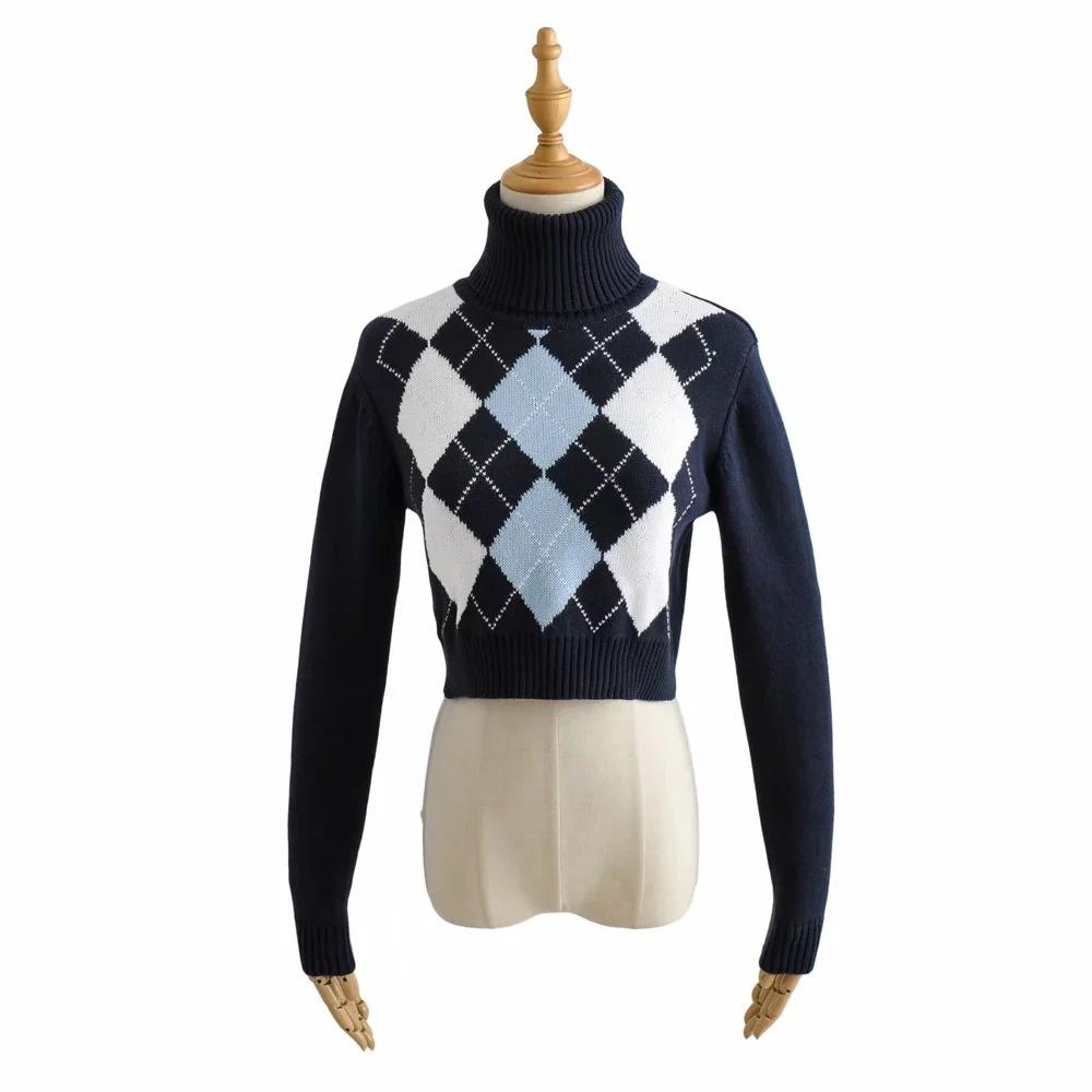 High Neck Printed Geometric Sweater Crop Pullover