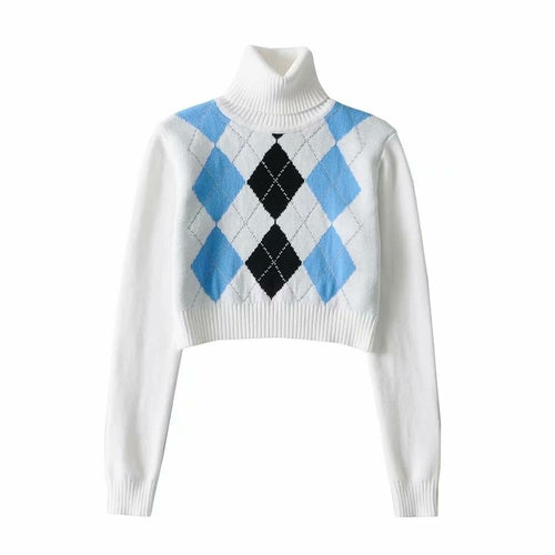 High Neck Printed Geometric Sweater Crop Pullover