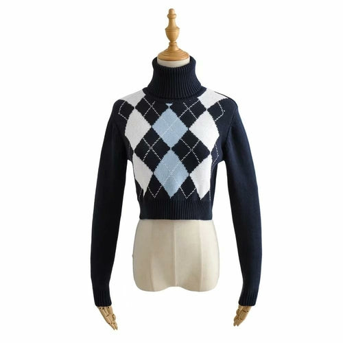 High Neck Printed Geometric Sweater Crop Pullover