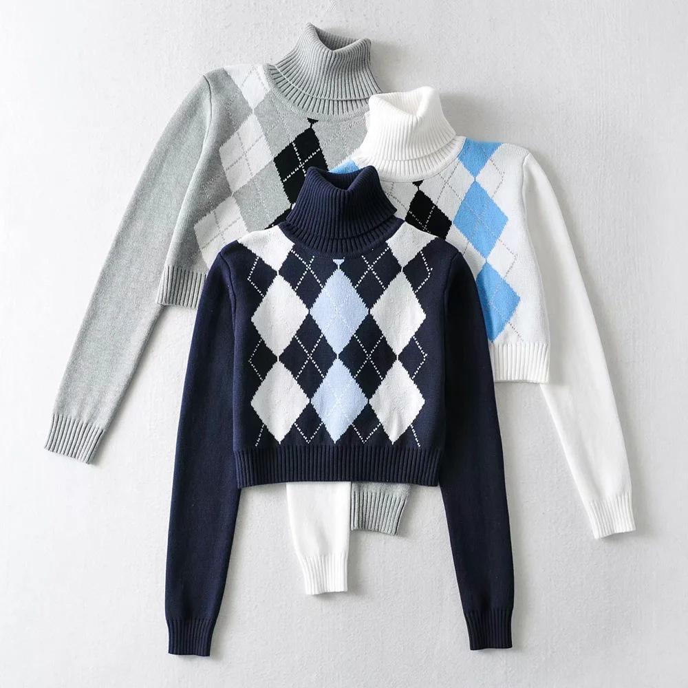 High Neck Printed Geometric Sweater Crop Pullover