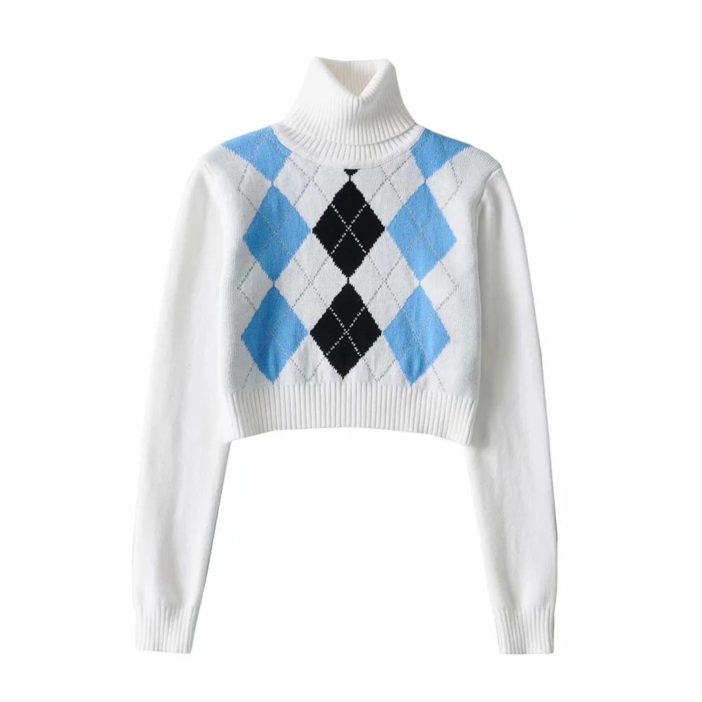 High Neck Printed Geometric Sweater Crop Pullover