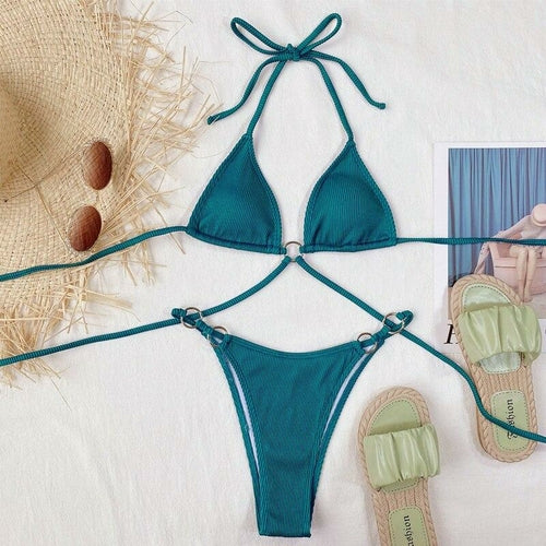 Ribbed String Swimsuit Women Ring Bathing Suit