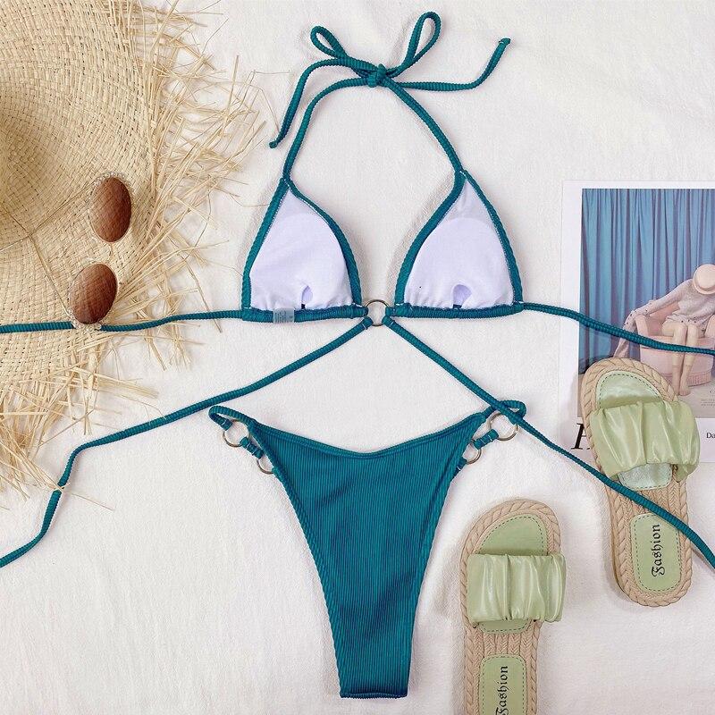 Ribbed String Swimsuit Women Ring Bathing Suit
