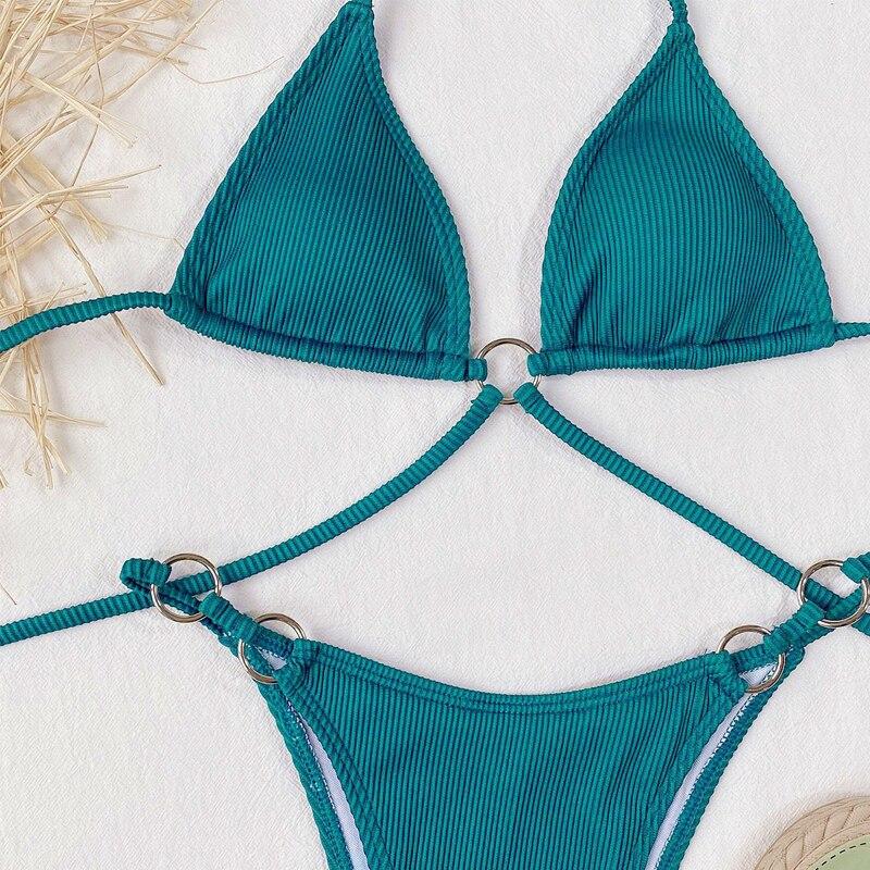 Ribbed String Swimsuit Women Ring Bathing Suit