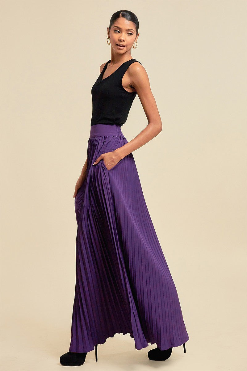 Elastic Waist Pleated Long Skirt