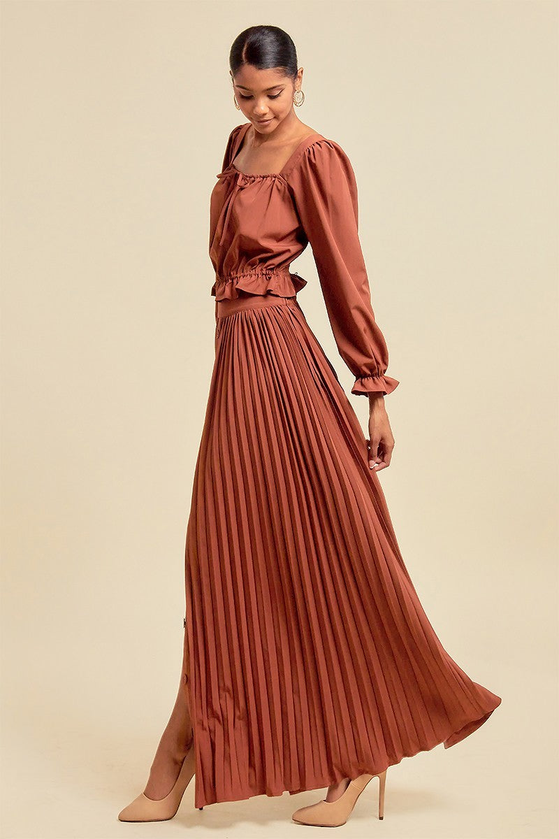 Elastic Waist Pleated Long Skirt