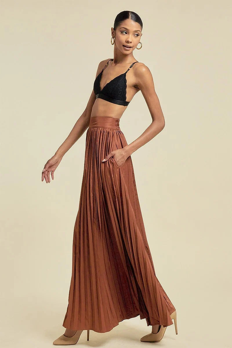 Elastic Waist Pleated Long Skirt