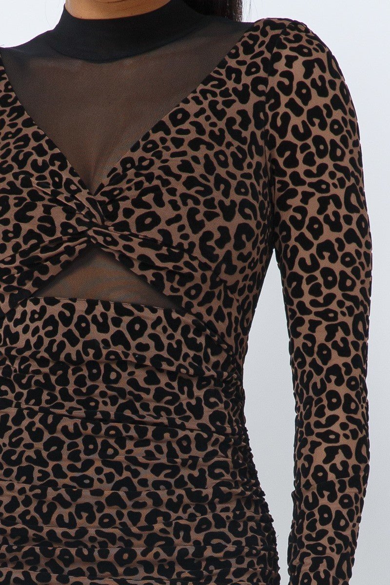 Animal Print Long Sleeve Mock Neck Mini Dress - Cherry Angel