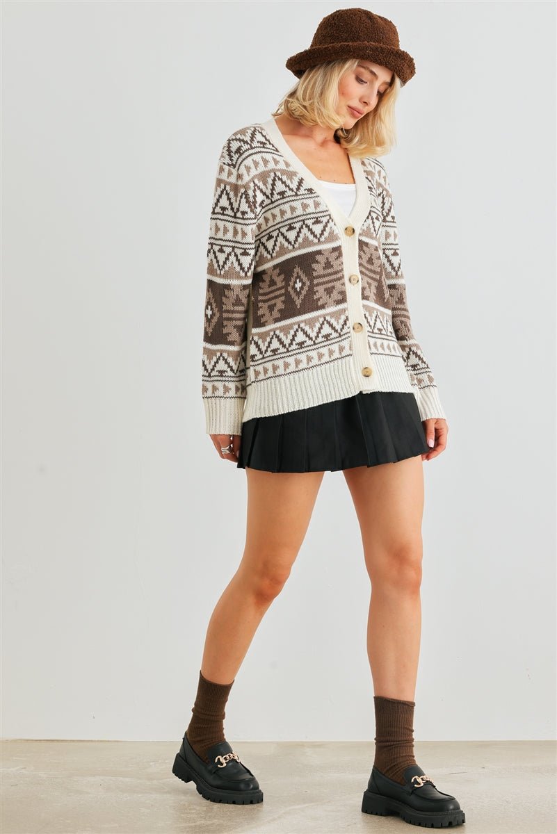 Fair Isle Knit Button-up Long Sleeve Cardigan Sweater - Cherry Angel