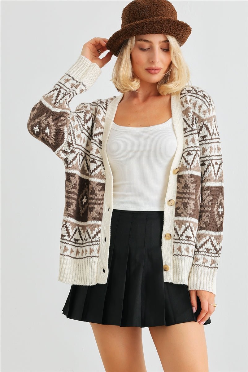Fair Isle Knit Button-up Long Sleeve Cardigan Sweater - Cherry Angel
