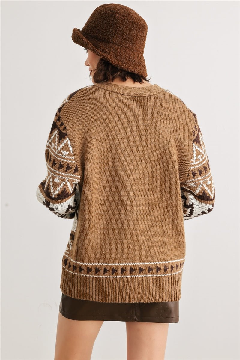 Fair Isle Knit Button-up Long Sleeve Cardigan Sweater - Cherry Angel