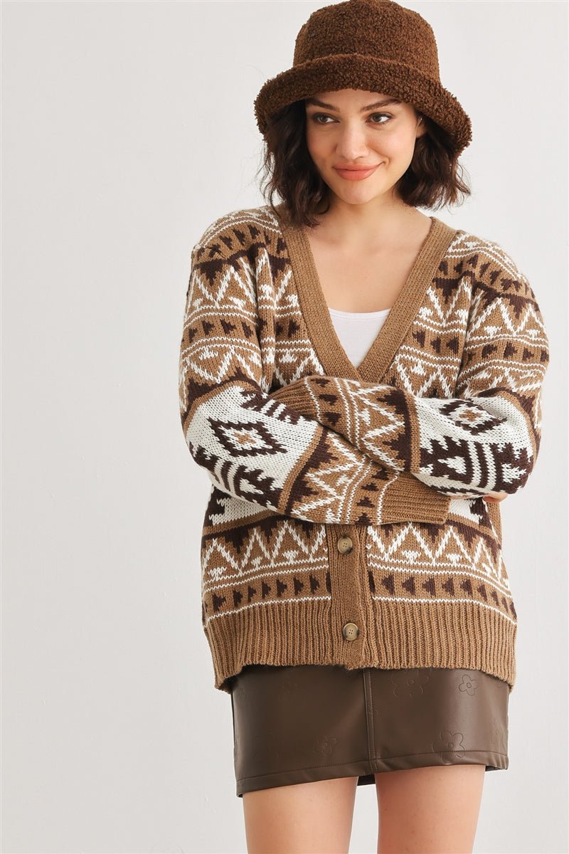 Fair Isle Knit Button-up Long Sleeve Cardigan Sweater - Cherry Angel