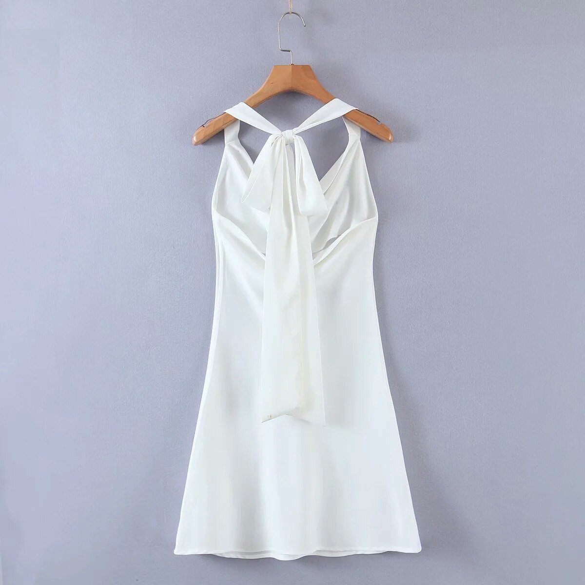 Drapped Neck White Satin Dress