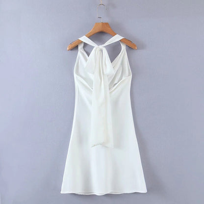 Drapped Neck White Satin Dress