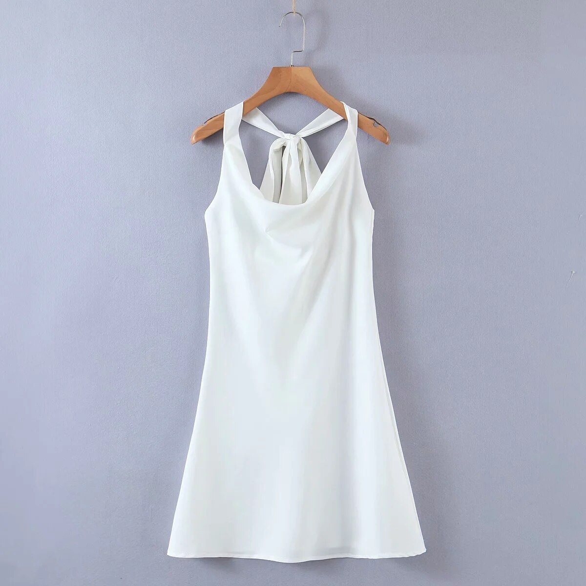 Drapped Neck White Satin Dress