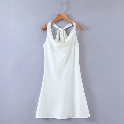 Drapped Neck White Satin Dress