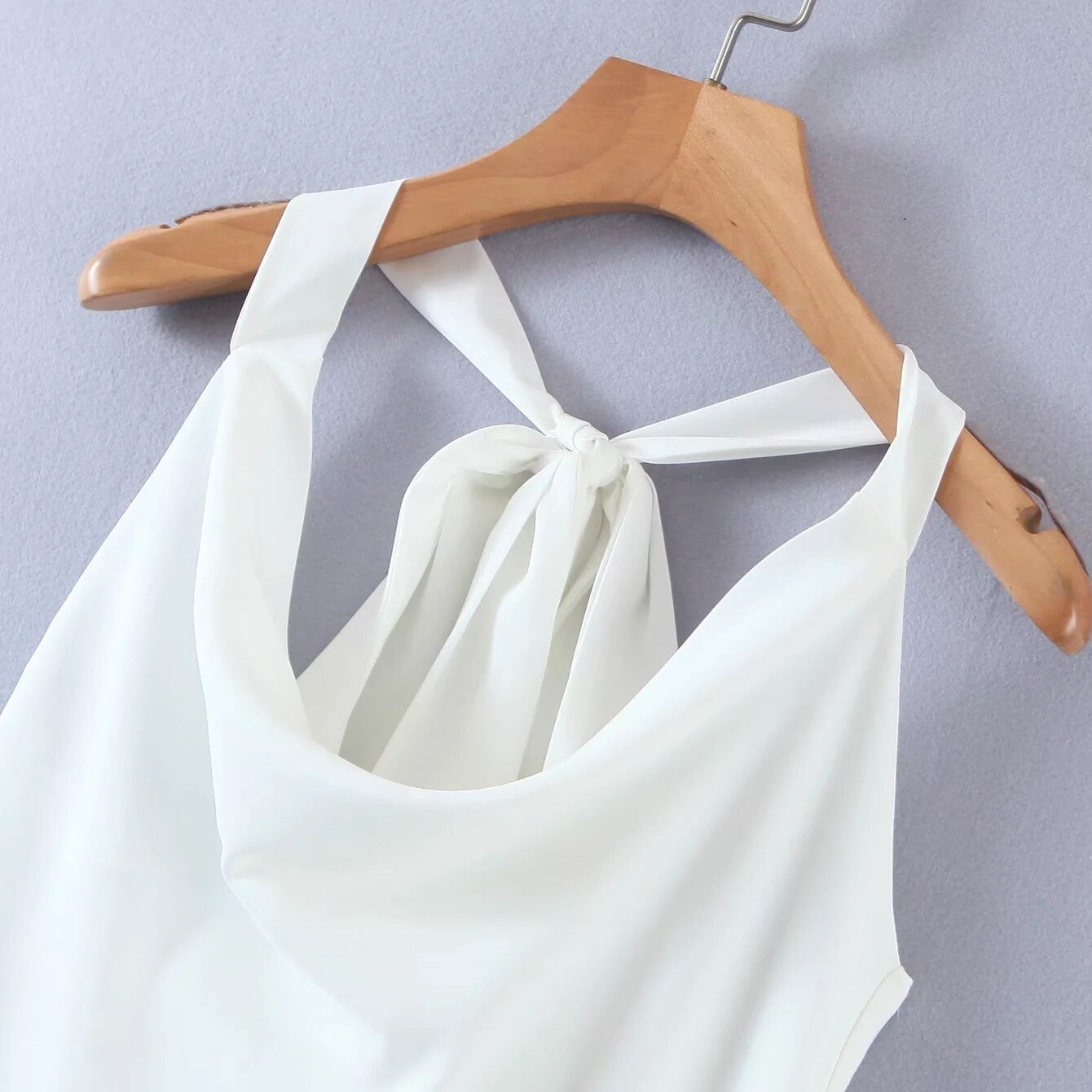 Drapped Neck White Satin Dress