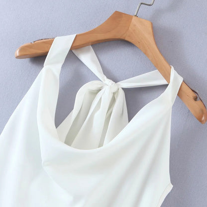 Drapped Neck White Satin Dress