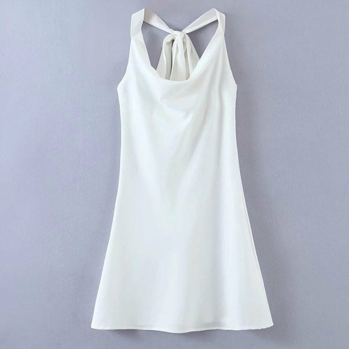 Drapped Neck White Satin Dress