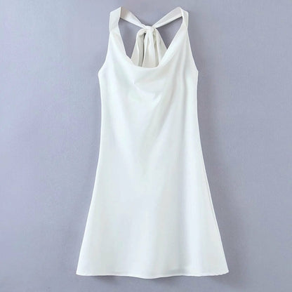 Drapped Neck White Satin Dress