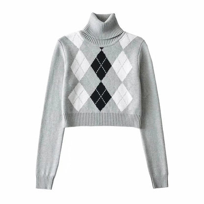High Neck Printed Geometric Sweater Crop Pullover