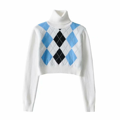 High Neck Printed Geometric Sweater Crop Pullover
