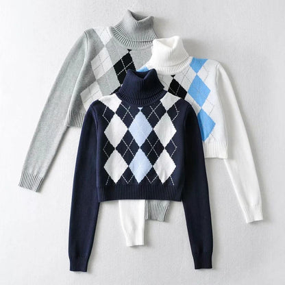 High Neck Printed Geometric Sweater Crop Pullover