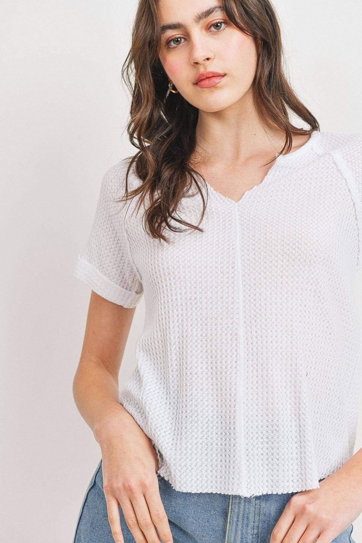 Waffle Raw Edge V-Neck Top