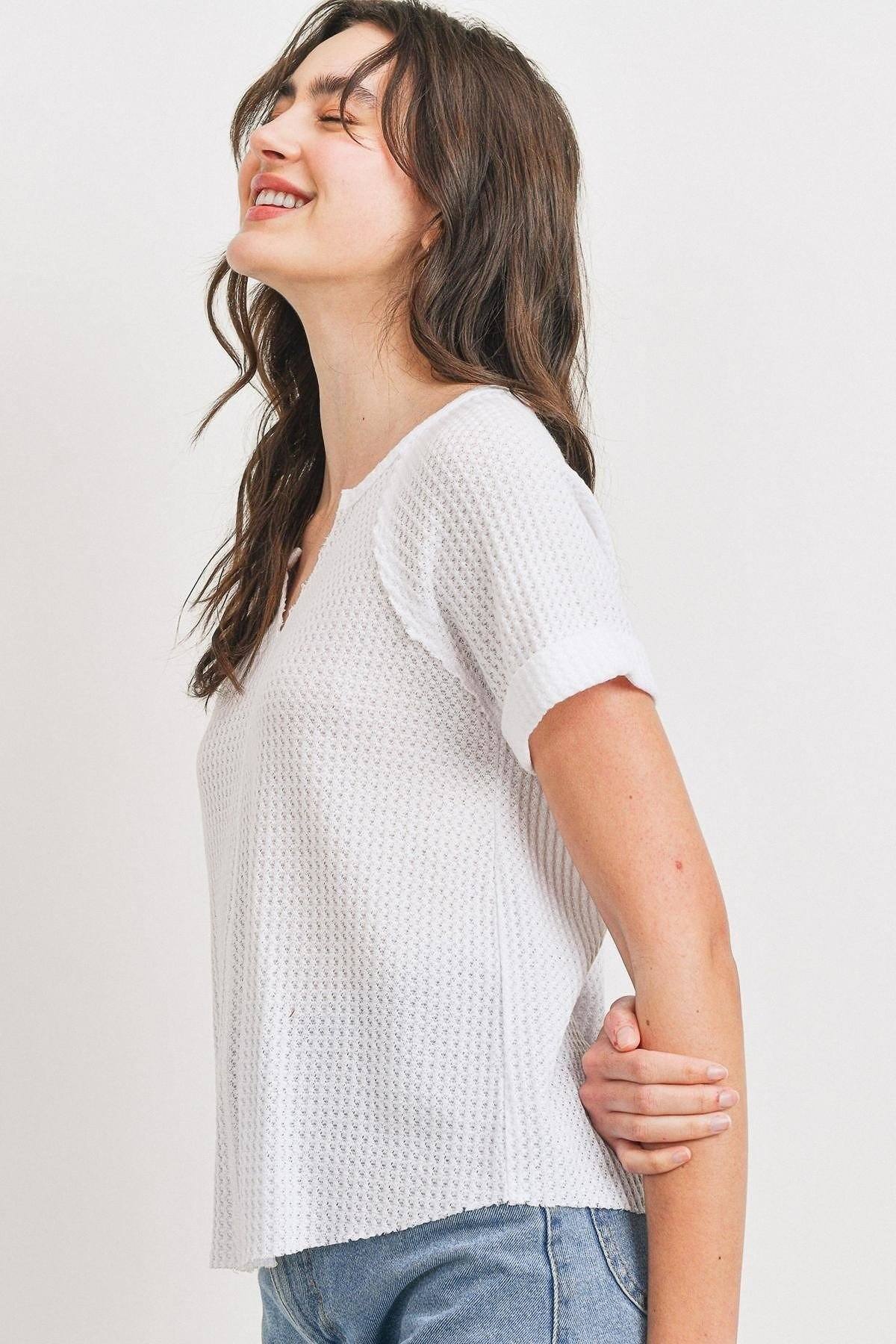 Waffle Raw Edge V-Neck Top