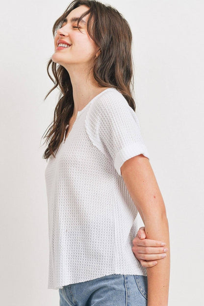 Waffle Raw Edge V-Neck Top