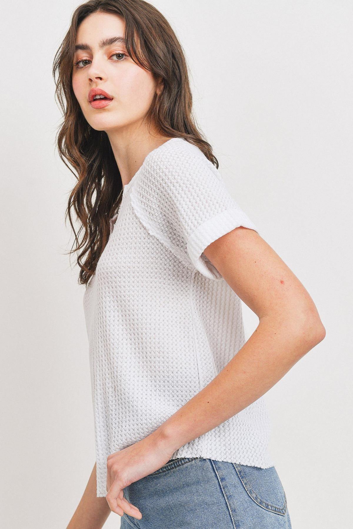Waffle Raw Edge V-Neck Top