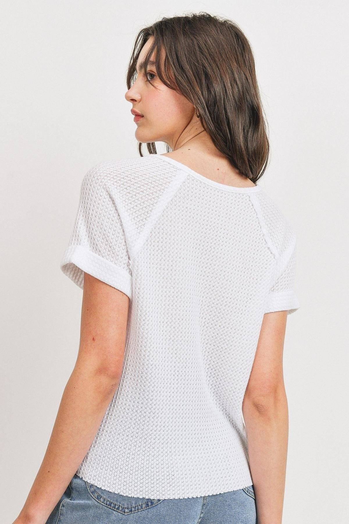 Waffle Raw Edge V-Neck Top