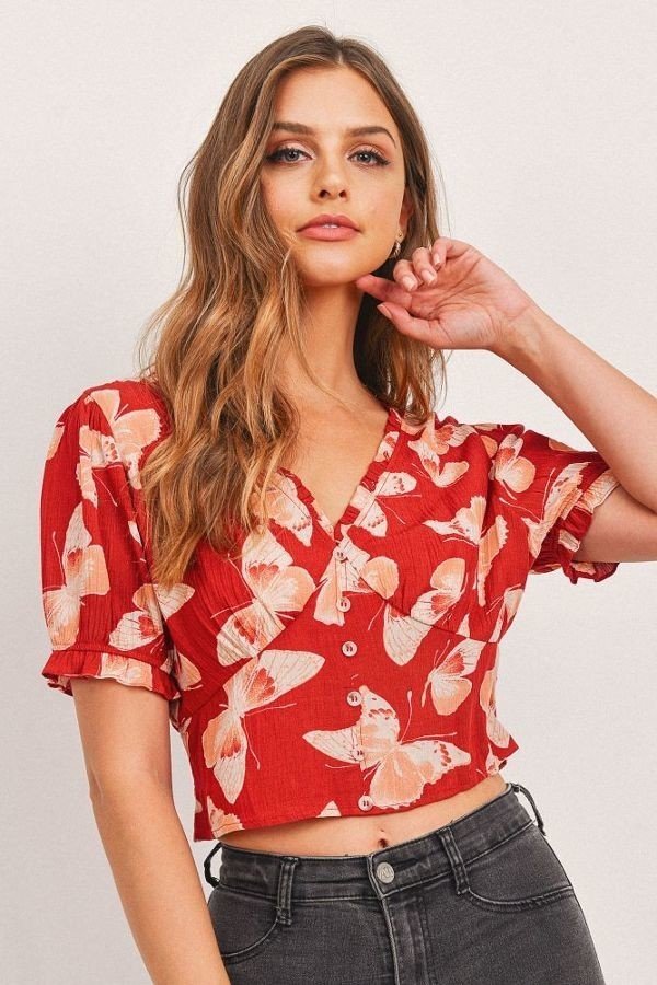 Butterfly V-Neck Crop Top