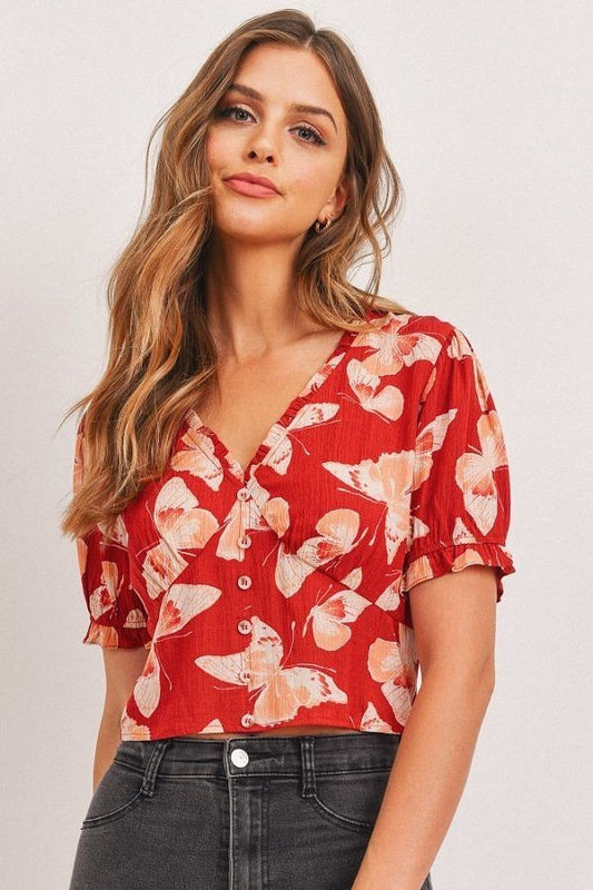 Butterfly V-Neck Crop Top