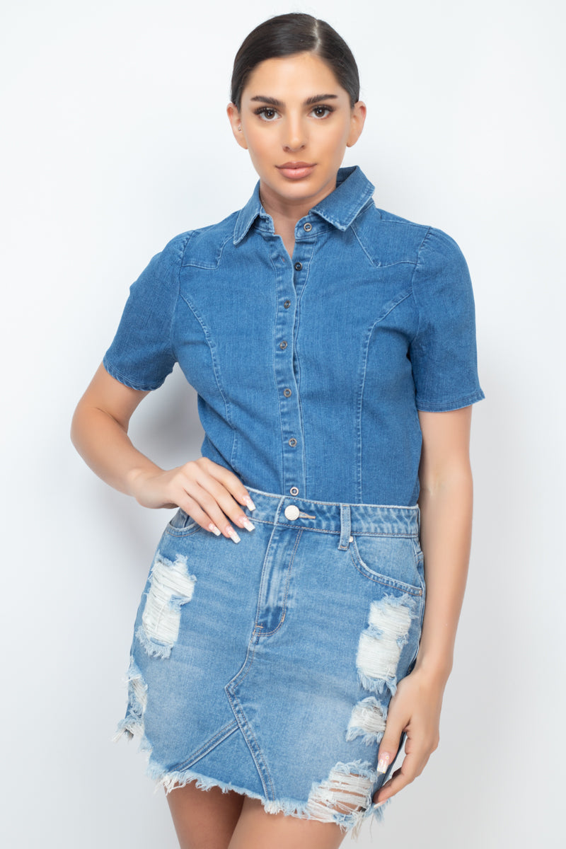 Button-Down Collared Denim Top