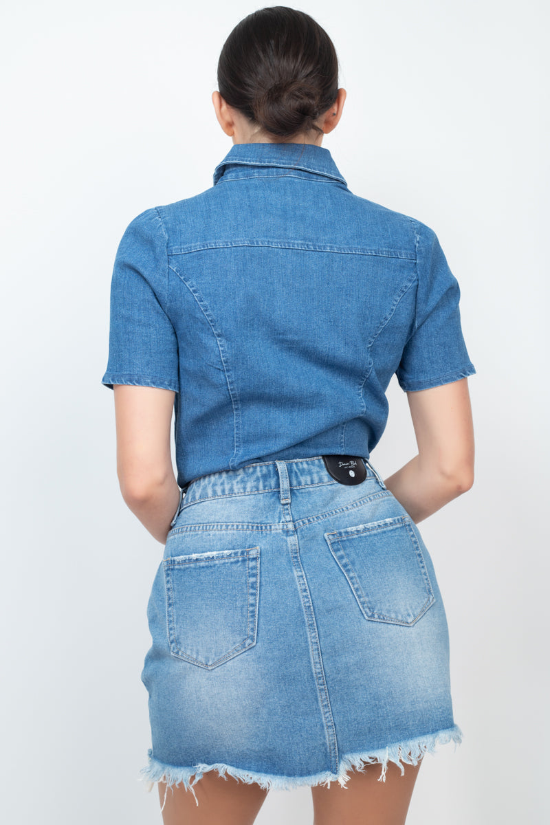 Button-Down Collared Denim Top