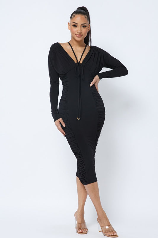 Long Slv Ruching Midi Dress