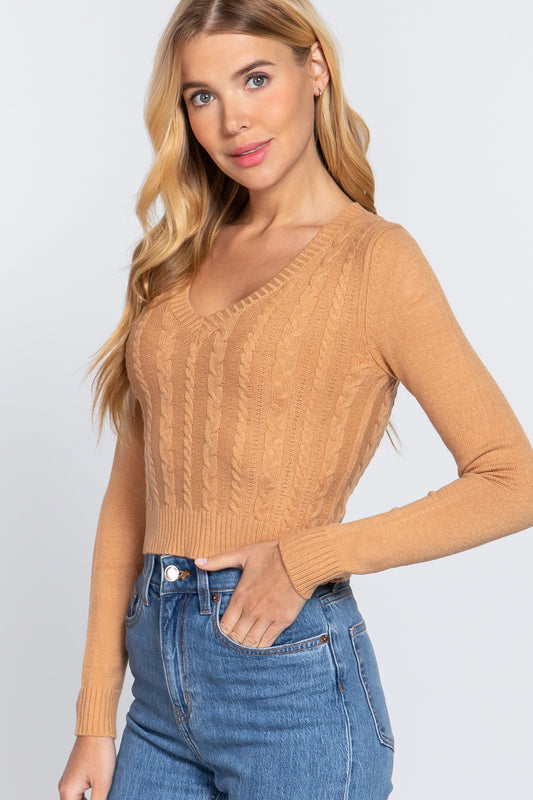 Long Slv V-Neck Cable Sweater