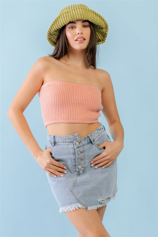 Peach Knit Strapless Crop Top