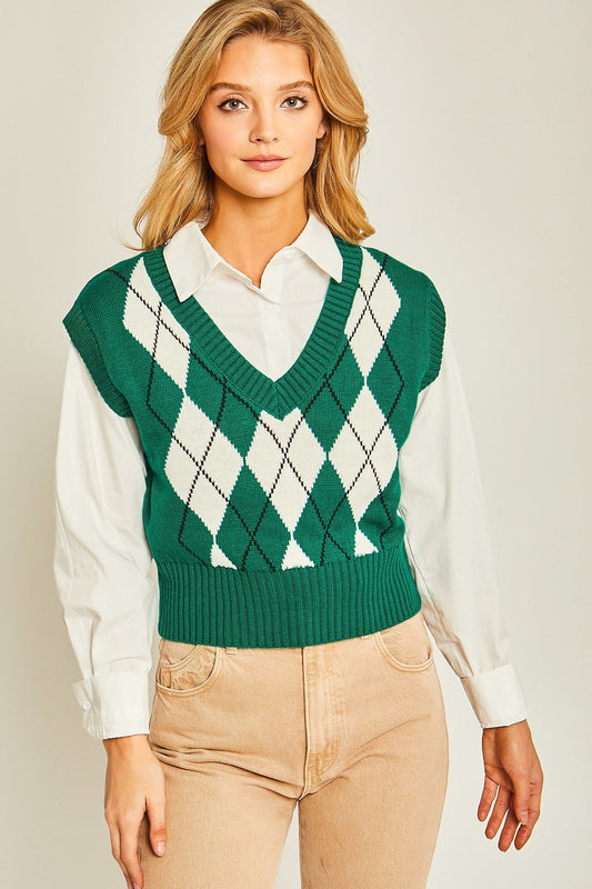 Argyle Print Sweater Vest - Cherry Angel