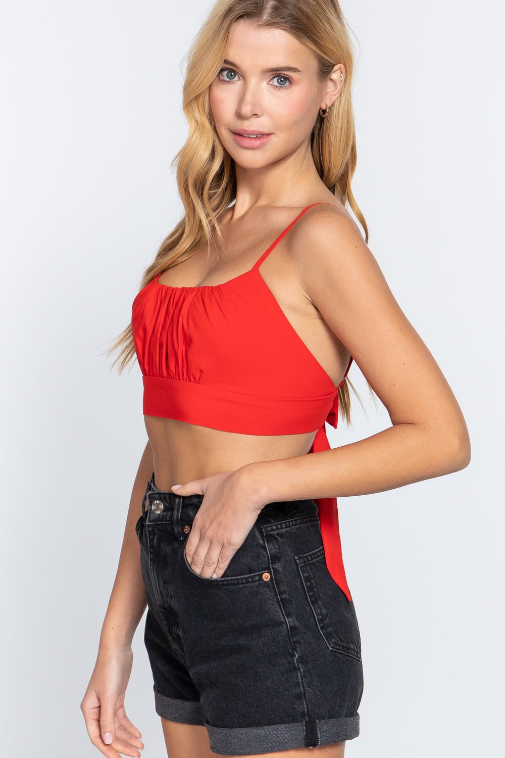 Back Ribbon Tie Cami Crop Top - Cherry Angel