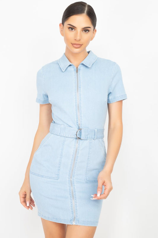 Belted Bodycon Collared Denim Dress - Cherry Angel